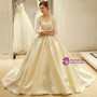 Ball Gown Beige Long Sleeve Satin Backless Appliques Wedding Dress