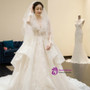 Ball Gown White Long Sleeve Lace Tulle V-neck Wedding Dress