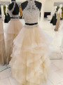 A-Line Two Piece Champagne Halter Tulle Backless Prom Dress