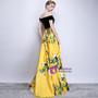 In Stock:Ship in 48 hours Yellow Satin Off The Shoulder Print Prom Dress