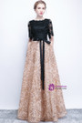 In Stock:Ship in 48 hours Gold Black Lace Short Sleeve Prom Dress