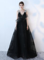 In Stock:Ship in 48 hours Black Deep V-neck Backless Prom Dress