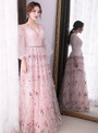 In Stock:Ship in 48 hours Pink Tulle V-neck Long Sleeve Prom Dress