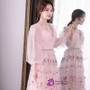 In Stock:Ship in 48 hours Pink Tulle V-neck Long Sleeve Prom Dress