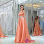 A-line V-neck Orange Satin Backless With Beading Prom Dress