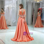 A-line V-neck Orange Satin Backless With Beading Prom Dress