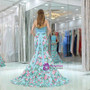 Mermaid Light Blue Two Piece Halter  Satin Lace Prom Dress