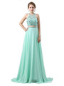 Green Halter Two Piece Backless Chiffon Floor Length Prom Dress