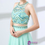 Green Halter Two Piece Backless Chiffon Floor Length Prom Dress