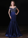 Dark Blue Mermaid Satin Off The Shoulder Prom Dress With Beading