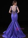 Purple Satin Mermaid Applique Lace Sexy See Through Back Prom Dress