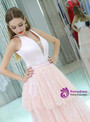 Sweet Pink Lace Satin Deep V-neck Floor Length Prom Dress