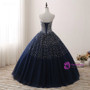 Navy Blue Crystals Tulle Beaded Sweetheart Ball Gown Quinceanera Dresses