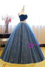 Blue Ball Gown Tulle Floor Length Strapless Princess Quinceanera Dresses