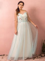 Plus Size A-Line Blue Tulle Short Sleeve Prom Dress