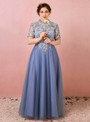 Plus Size High Neck Tulle Lace Short Sleeve Prom Dress