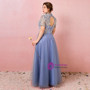 Plus Size High Neck Tulle Lace Short Sleeve Prom Dress
