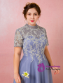 Plus Size High Neck Tulle Lace Short Sleeve Prom Dress