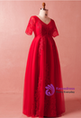 Plus Size Red Lace Tulle Short Sleeve V-neck Prom Dress