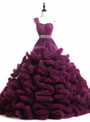 Ball Gown Purple One Shoulder Tulle Ruffle Crystal Wedding Dress