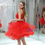 Red High Neck Tulle Knee Length Beading Homecoming Dress