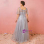 Plus Size Sexy Gray Tulle Sequins Short Sleeve Prom Dress