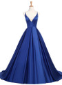 Royal Blue Long V-Neck Open Back Satin A Line Prom Party Dress