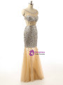 Mermaid Golden Beading Sequins Backless Tulle Formal Prom Dress