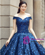 Blue Ball Gown Off The Shoulder Bling Bling Sequins Wedding Dress