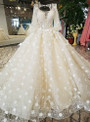 White Ball Gown Long Sleeve Backless Tulle Appliques Wedding Dress