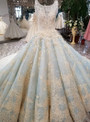 Blue Ball Gown Backless Long Train Tulle Beading Appliques Wedding Dress