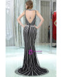 Open Back Trained Mermaid Black White Beading Prom Dress