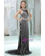 Open Back Trained Mermaid Black White Beading Prom Dress