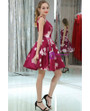 Burgundy Printed Floral Deep V Short Beaded Homecoming Dress