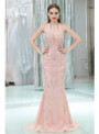 Sparkly Beading Open Back Pink Halter Neck Prom Dress