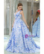 Long V Neck Floral Print Blue Satin Prom Dress
