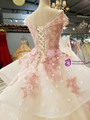 White Tulle Pink Flower Ball Gown Cap Sleeve Train Wedding Dress