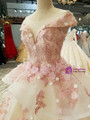 White Tulle Pink Flower Ball Gown Cap Sleeve Train Wedding Dress
