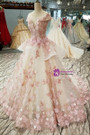 White Tulle Pink Flower Ball Gown Cap Sleeve Train Wedding Dress