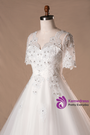 White Tulle Short Sleeve Backless V-neck Appliques Wedding Dress