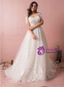 Plus Size A-Line V-neck White Tulle Train Wedding Dress