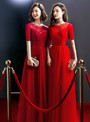 Red Tulle Short Sleeve Lace Up Beading Backless Prom Dress