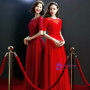 Red Tulle Short Sleeve Lace Up Beading Backless Prom Dress