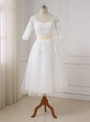 Short Half Sleeves Tea Length Beaded Applique Tulle Wedding
