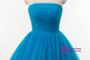 Blue Ball Gown Strapless Tulle Backless Wedding Dress