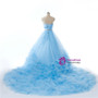 Sweetheart Blue Ruched Crystal Tulle Bridal Train Wedding Dress