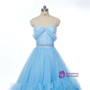 Sweetheart Blue Ruched Crystal Tulle Bridal Train Wedding Dress