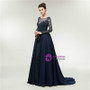 Luxurious Blue Long Sleeve Beading Illusion Prom Dress