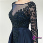Luxurious Blue Long Sleeve Beading Illusion Prom Dress