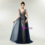 Stunning Blue Deep V-neck Backless Tulle Beading Prom Dress